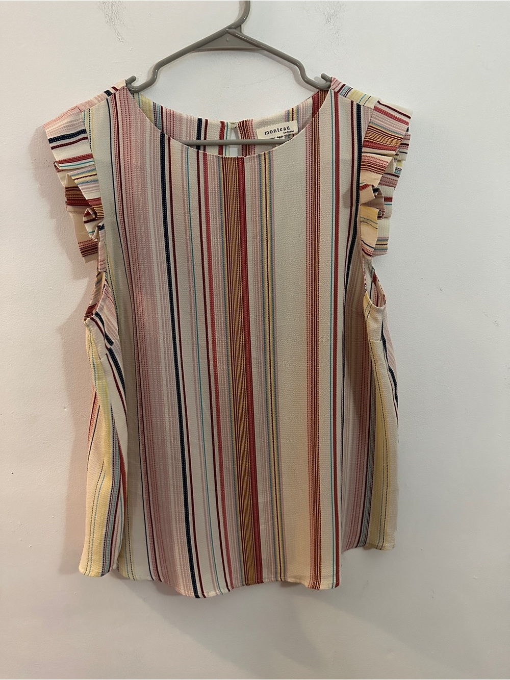Monteau Multicolor Vertical Stripe Ruffle Sleeve Tank - Pink/Yellow/Blue